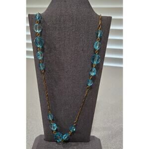 Gold Blue Clear Rounded Beads Infinity Necklace 17"